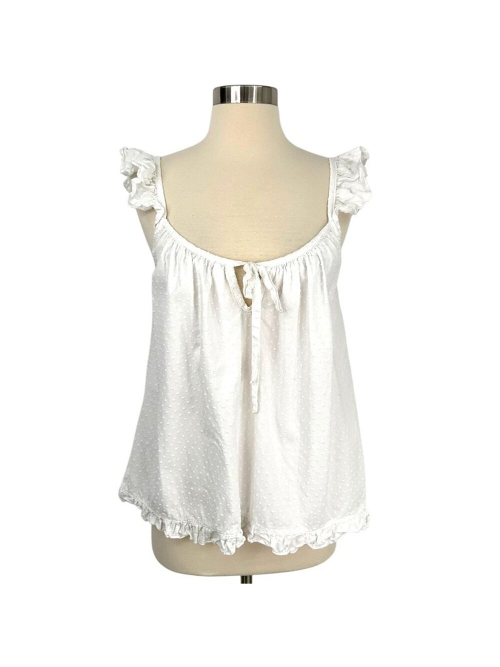 Petite Plume Pajama Top Womens Medium White Swiss Dot Ruffle Babydoll Tank